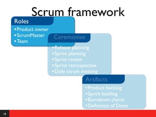 Scrum framework
     Roles
     • Product owner
     • ScrumMaster Ceremonies
     • Team
                     • Release planning
                     • Sprint planning
                     • Sprint review
                     • Sprint retrospective
                     • Daily scrum meeting
                                      Artifacts
                                      • Product backlog
                                      • Sprint backlog
                                      • Burndown charts
                                      • Deﬁnition of Done
18
 