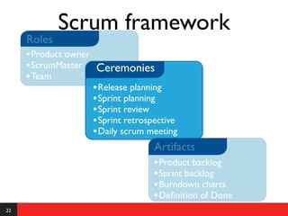Scrum framework
     Roles
     • Product owner
     • ScrumMaster Ceremonies
     • Team
                     • Release planning
                     • Sprint planning
                     • Sprint review
                     • Sprint retrospective
                     • Daily scrum meeting
                                      Artifacts
                                      • Product backlog
                                      • Sprint backlog
                                      • Burndown charts
                                      • Deﬁnition of Done
22
 