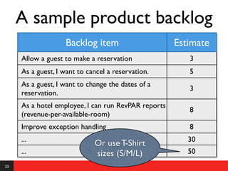 A sample product backlog
                   Backlog item                      Estimate
     Allow a guest to make a reservation                3
     As a guest, I want to cancel a reservation.        5
     As a guest, I want to change the dates of a
                                                        3
     reservation.
     As a hotel employee, I can run RevPAR reports
                                                        8
     (revenue-per-available-room)
     Improve exception handling                         8
     ...                                                30
                             Or use T-Shirt
     ...                     sizes (S/M/L)              50
33
 