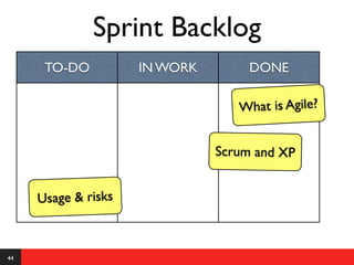 Sprint Backlog
      TO-DO          IN WORK        DONE

                                  What is Agile?


                               Scrum and XP


     Usage & risks



44
 