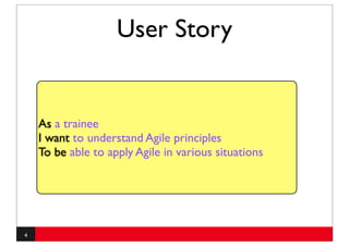 User Story


    As a trainee
    I want to understand Agile principles
    To be able to apply Agile in various situations




4
 