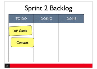 Sprint 2 Backlog
     TO-DO      DOING   DONE


     XP Game


      Context




63
 
