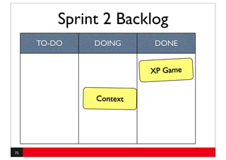 Sprint 2 Backlog
     TO-DO    DOING     DONE


                        XP Game


              Context




72
 