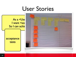 User Stories
           As a <User Role>
         I want <something>
       So I can achieve <value>



     acceptance
        tests



13
 