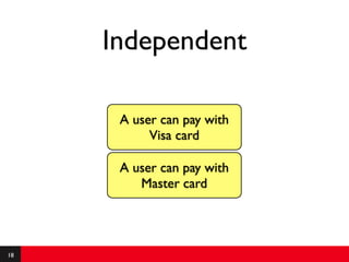 Independent

      A user can pay with
           Visa card

      A user can pay with
         Master card




18
 