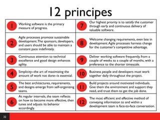 12 principes
                                                        Our highest priority is to satisfy the customer
         Working software is the primary
     1   measure of progress.                      7    through early and continuous delivery of
                                                        valuable software.

         Agile processes promote sustainable
                                                        Welcome changing requirements, even late in
         development. The sponsors, developers,
     2   and users should be able to maintain a    8    development. Agile processes harness change
                                                        for the customer's competitive advantage.
         constant pace indeﬁnitely.

         Continuous attention to technical              Deliver working software frequently, from a
     3   excellence and good design enhances       9    couple of weeks to a couple of months, with a
         agility.                                       preference to the shorter timescale.

         Simplicity--the art of maximizing the          Business people and developers must work
     4   amount of work not done--is essential.    10   together daily throughout the project.

         The best architectures, requirements,          Build projects around motivated individuals.
     5   and designs emerge from self-organizing
         teams.
                                                   11   Give them the environment and support they
                                                        need, and trust them to get the job done.
         At regular intervals, the team reﬂects
                                                        The most efﬁcient and effective method of
         on how to become more effective, then
     6   tunes and adjusts its behavior            12   conveying information to and within a
                                                        development team is face-to-face conversation.
         accordingly.

32
 