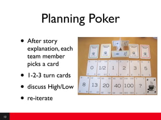 Planning Poker
     • After story
       explanation, each
       team member
       picks a card
     • 1-2-3 turn cards
     • discuss High/Low
     • re-iterate
13
 