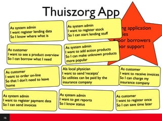 Thuiszorg App
                                             As system admin
      As system admin
                                             I want to register stock
                                                                          Lending application
      I want register lending data
                                             So I can start lending stu of utilities
                                                                       ff
      So I know where what is
                                                                           •voor borrowers
                                           As system admin              s  •voor support
     As customer
                                           I want to add action product
                                                                         ucts
     I want to see a product overview
                                           So I can m ake unknown prod
     So I can borrow what I need
                                            more popular

                                          Als local physician                    As customer
 As customer                             I want to send ‘receipts’              I want to receive invoices
 I want to order on-line                 So utilities can be paid by the        So I can charge my
                            ave
 So that I don’t need to le              insurance company                      insurance company
  home

As system admin                         As system admin                     As customer
I want to register payment data         I want to get reports               I want to register once
So I can send invoices                  So I know status                    So I can save time later


16
 