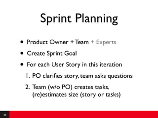 Sprint Planning
     • Product Owner + Team + Experts
     • Create Sprint Goal
     • For each User Story in this iteration
       1. PO clariﬁes story, team asks questions
       2. Team (w/o PO) creates tasks,
          (re)estimates size (story or tasks)


20
 