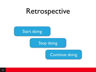 Retrospective

     Start doing

              Stop doing

                    Continue doing


24
 