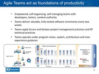 46
Agile Teams act as foundations of productivity
• Empowered, self-organizing, self-managing teams with
developers, testers, content authority
• Teams deliver valuable, fully-tested software increments every two
weeks
• Teams apply Scrum and Kanban project management practices and XP
technical practices
• Teams operate under program vision, system, architecture and User
experience guidance
 