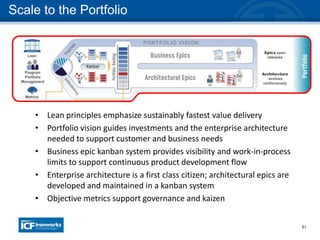 51
Scale to the Portfolio
• Lean principles emphasize sustainably fastest value delivery
• Portfolio vision guides investments and the enterprise architecture
needed to support customer and business needs
• Business epic kanban system provides visibility and work-in-process
limits to support continuous product development flow
• Enterprise architecture is a first class citizen; architectural epics are
developed and maintained in a kanban system
• Objective metrics support governance and kaizen
 