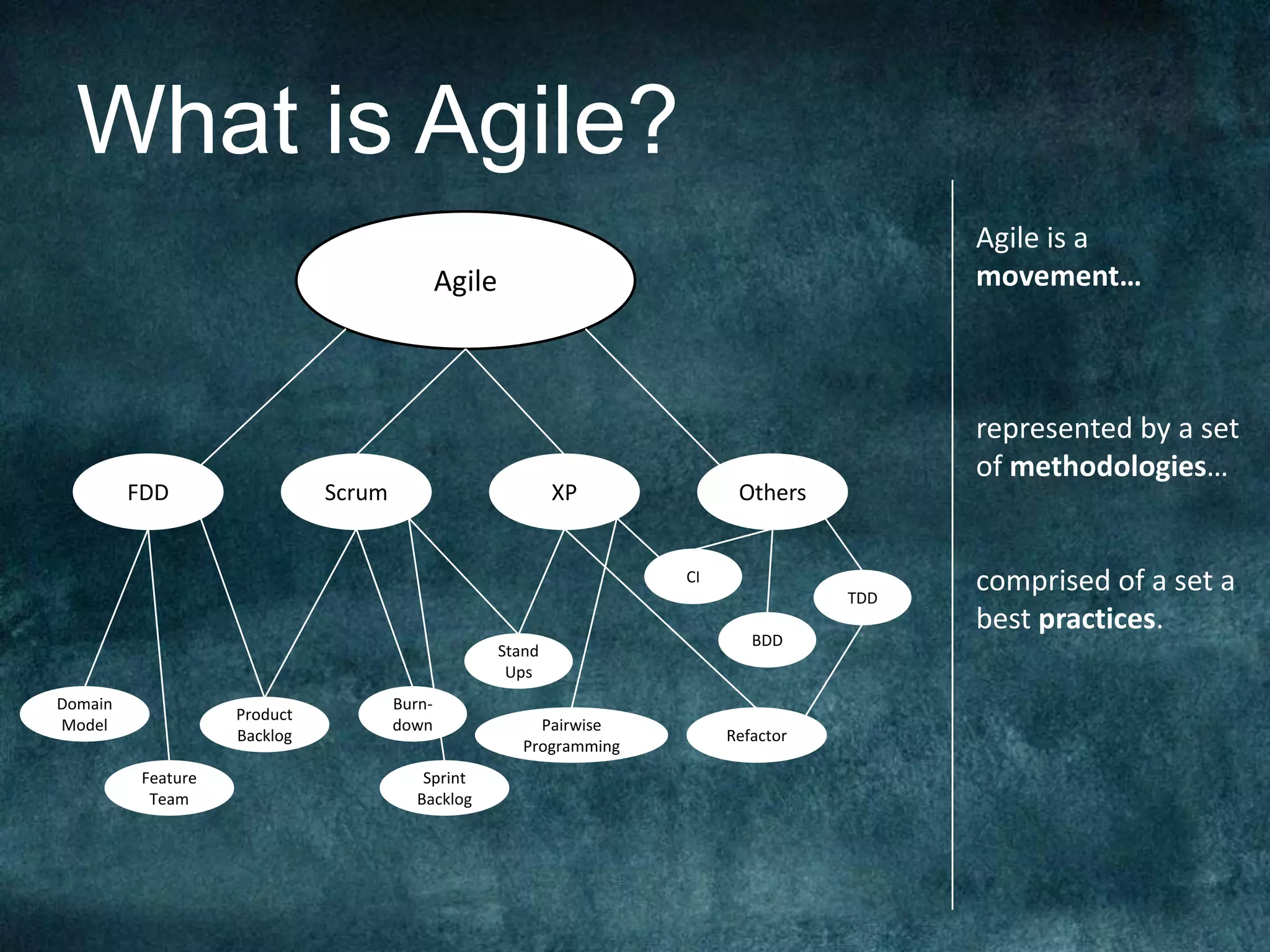What is Agile?AgileAgile is a movement…represented by a set of methodologies…comprised of a set a best practices.ScrumXPFDDOthersCITDDBDDStandUpsBurn-downDomain ModelProductBacklogRefactorPairwise ProgrammingSprintBacklogFeature Team