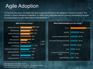 Agile Adoption“In the past five years, Forrester has seen a growing interest in the adoption of Agile processes. This interest is slowly changing to adoption. In 2008, even shops that weren’t moving immediately to Agile processes began to take baby steps in that direction.”aa “Make Agile Lean – Dec 2008”, Forresterb “Microsoft ALM Consulting Day – Mar 2009”, Forrester presentation; c “State of Agile Development – July 2008”, Version One