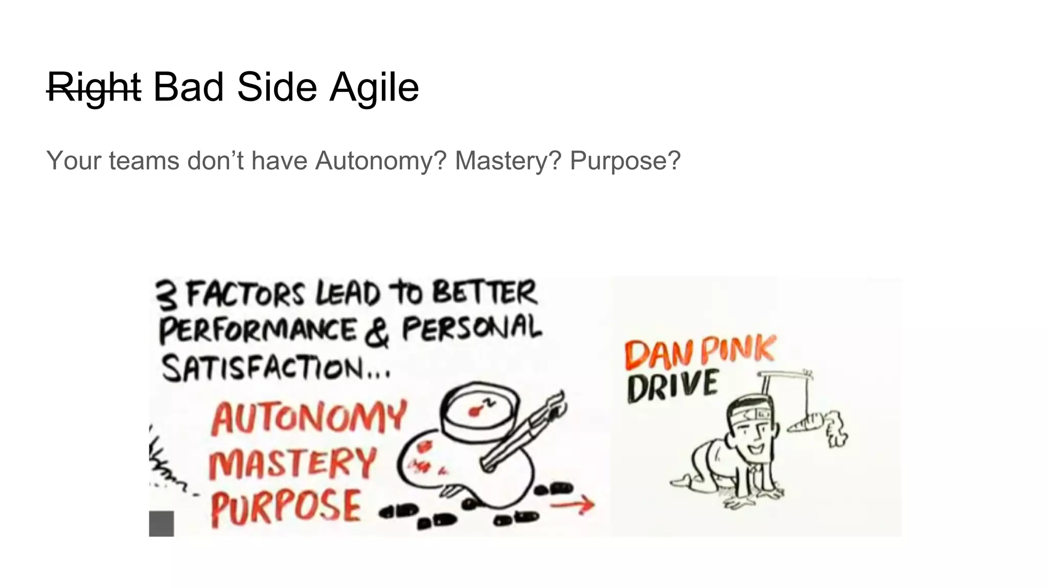 Right Bad Side Agile
Your teams don’t have Autonomy? Mastery? Purpose?
 