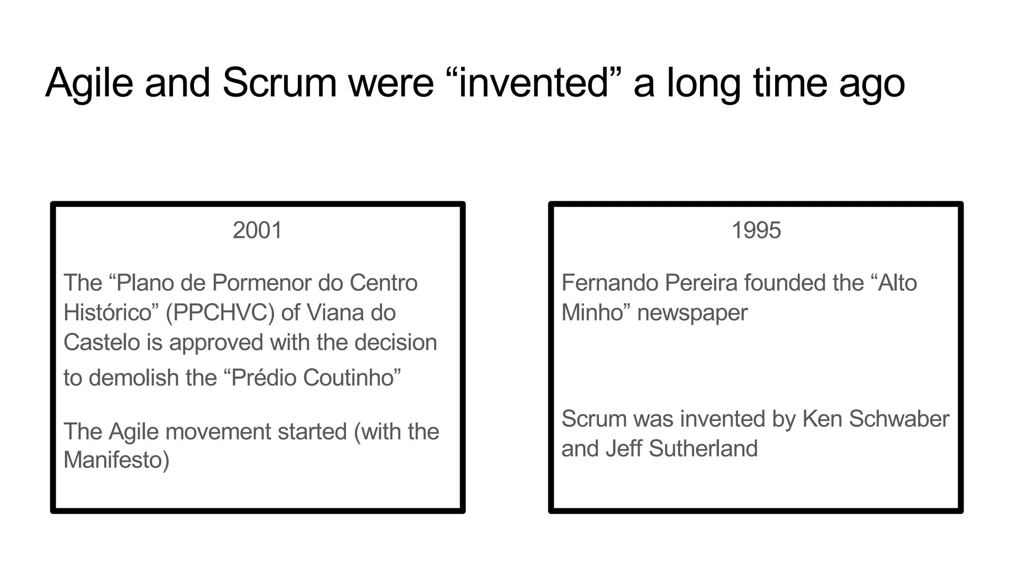 Agile and Scrum were “invented” a long time ago
2001
The “Plano de Pormenor do Centro
Histórico” (PPCHVC) of Viana do
Castelo is approved with the decision
to demolish the “Prédio Coutinho”
The Agile movement started (with the
Manifesto)
1995
Fernando Pereira founded the “Alto
Minho” newspaper
Scrum was invented by Ken Schwaber
and Jeff Sutherland
 