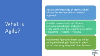 What is
Agile?
Agile is a methodology or process which
follows the Iterative and Incremental
Approach.
Iterative means same kind of steps
getting repeated again and again in
every sprint cycle. E.g. requirement analysis --
> designing --> coding --> testing.
Incremental Approach means we will be
adding the developed features in every
sprints and integrating with older features.
 