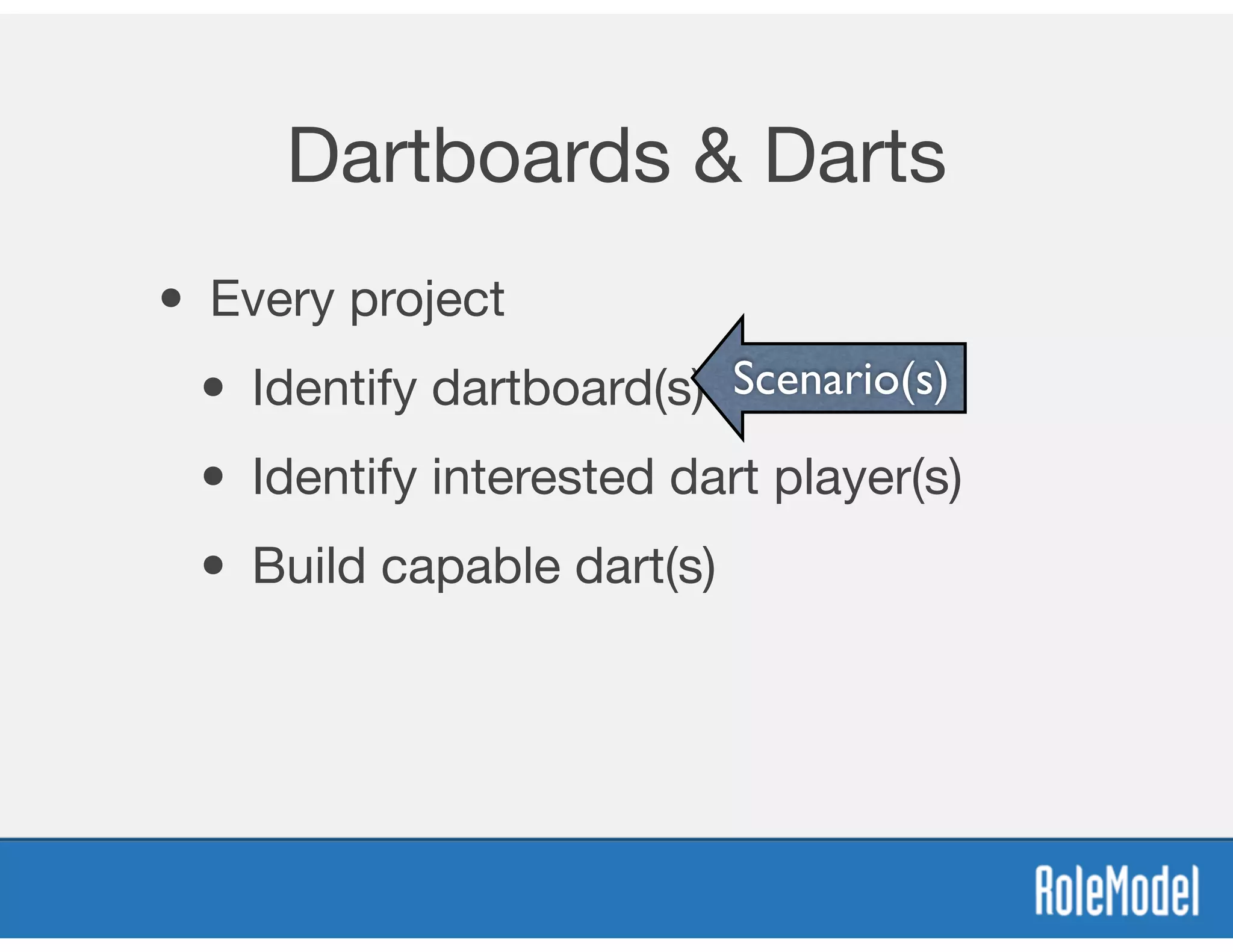 Dartboards & Darts
• Every project

• Identify dartboard(s)

• Identify interested dart player(s)

• Build capable dart(s)
Scenario(s)
 