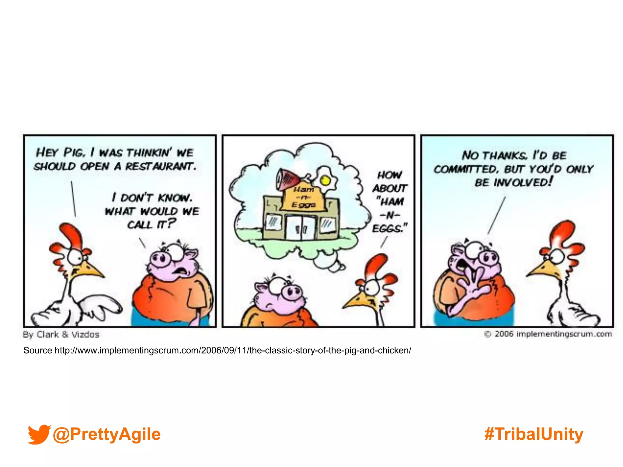 @PrettyAgile #TribalUnity
Source http://www.implementingscrum.com/2006/09/11/the-classic-story-of-the-pig-and-chicken/
 