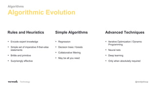 Technology @randyshoup
• Encode expert knowledge
• Simple set of imperative if-then-else
statements
• Brittle and primitive
• Surprisingly effective
Rules and Heuristics
• Regression
• Decision trees / forests
• Collaborative filtering
• May be all you need
Simple Algorithms
• Iterative Optimization / Dynamic
Programming
• Neural nets
• Deep learning
• Only when absolutely required
Advanced Techniques
Algorithmic Evolution
Algorithms
 