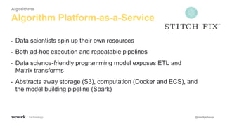 Technology @randyshoup
• Data scientists spin up their own resources
• Both ad-hoc execution and repeatable pipelines
• Data science-friendly programming model exposes ETL and
Matrix transforms
• Abstracts away storage (S3), computation (Docker and ECS), and
the model building pipeline (Spark)
Algorithm Platform-as-a-Service
Algorithms
 