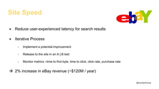 ● Reduce user-experienced latency for search results
● Iterative Process
○ Implement a potential improvement
○ Release to the site in an A | B test
○ Monitor metrics –time to first byte, time to click, click rate, purchase rate
 2% increase in eBay revenue (~$120M / year)
@randyshoup
Site Speed
 