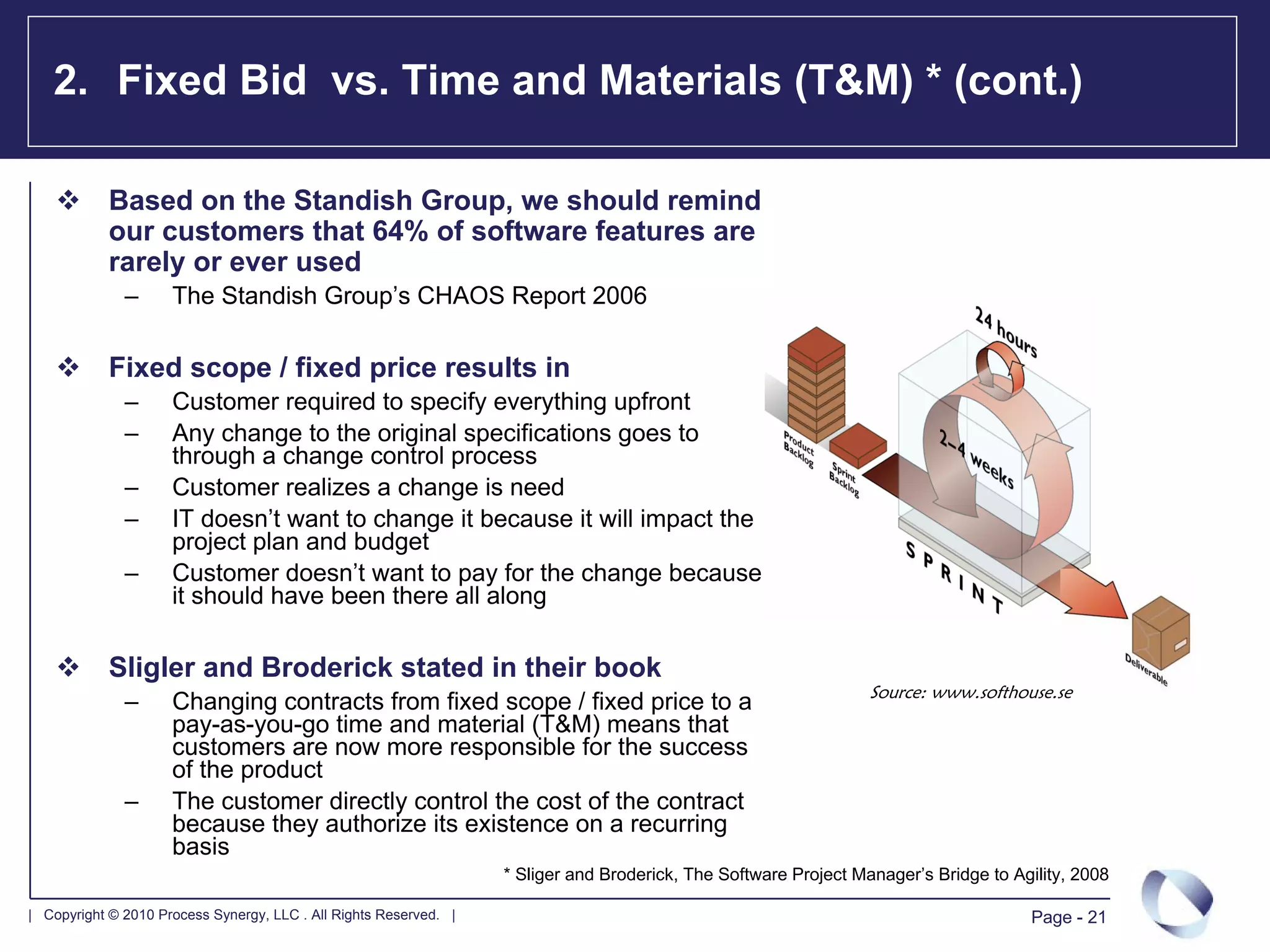 2. Fixed Bid vs. Time and Materials (T&M) * (cont.)

            Based on the Standish Group, we should remind
            our customers that 64% of software features are
            rarely or ever used
              –      The Standish Group’s CHAOS Report 2006

            Fixed scope / fixed price results in
              –      Customer required to specify everything upfront
              –      Any change to the original specifications goes to
                     through a change control process
              –      Customer realizes a change is need
              –      IT doesn’t want to change it because it will impact the
                     project plan and budget
              –      Customer doesn’t want to pay for the change because
                     it should have been there all along

            Sligler and Broderick stated in their book
                                                                                                                  Source: www.softhouse.se
              –      Changing contracts from fixed scope / fixed price to a
                     pay-as-you-go time and material (T&M) means that
                     customers are now more responsible for the success
                     of the product
              –      The customer directly control the cost of the contract
                     because they authorize its existence on a recurring
                     basis
                                                                   * Sliger and Broderick, The Software Project Manager’s Bridge to Agility, 2008

| Copyright © 2010 Process Synergy, LLC . All Rights Reserved. |                                                                      Page - 21
 
