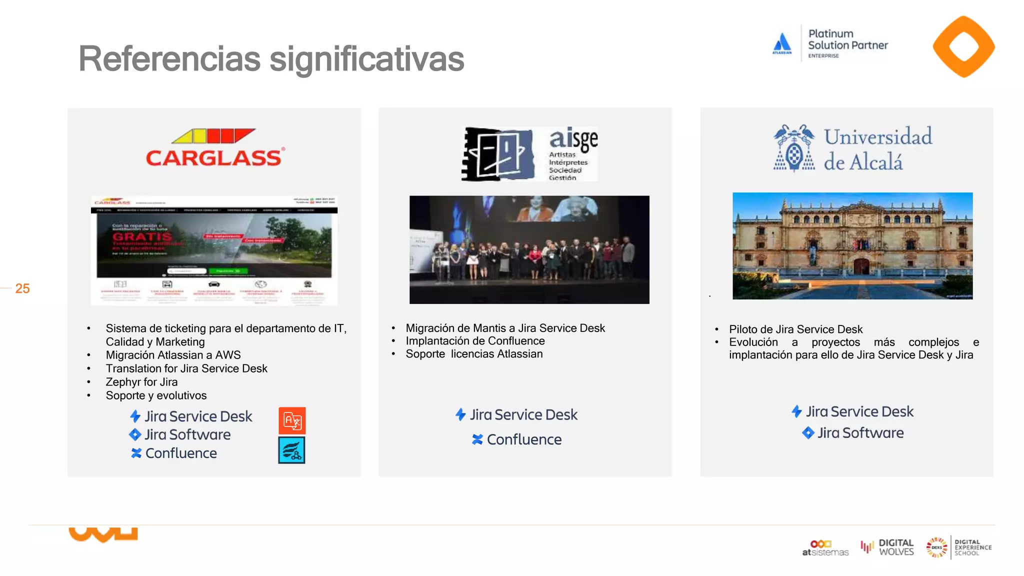 25
Referencias significativas
.
• Migración de Mantis a Jira Service Desk
• Implantación de Confluence
• Soporte licencias Atlassian
• Sistema de ticketing para el departamento de IT,
Calidad y Marketing
• Migración Atlassian a AWS
• Translation for Jira Service Desk
• Zephyr for Jira
• Soporte y evolutivos
• Piloto de Jira Service Desk
• Evolución a proyectos más complejos e
implantación para ello de Jira Service Desk y Jira
 