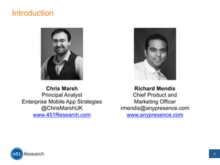 Introduction
2	
  
Chris Marsh
Principal Analyst
Enterprise Mobile App Strategies
@ChrisMarshUK
www.451Research.com
Richard Mendis
Chief Product and
Marketing Officer
rmendis@anypresence.com
www.anypresence.com
	
  
 