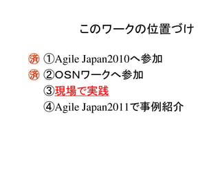 このワークの位置づけ

①Agile Japan2010へ参加
②ＯＳＮワークへ参加
③現場で実践
④Agile Japan2011で事例紹介
 