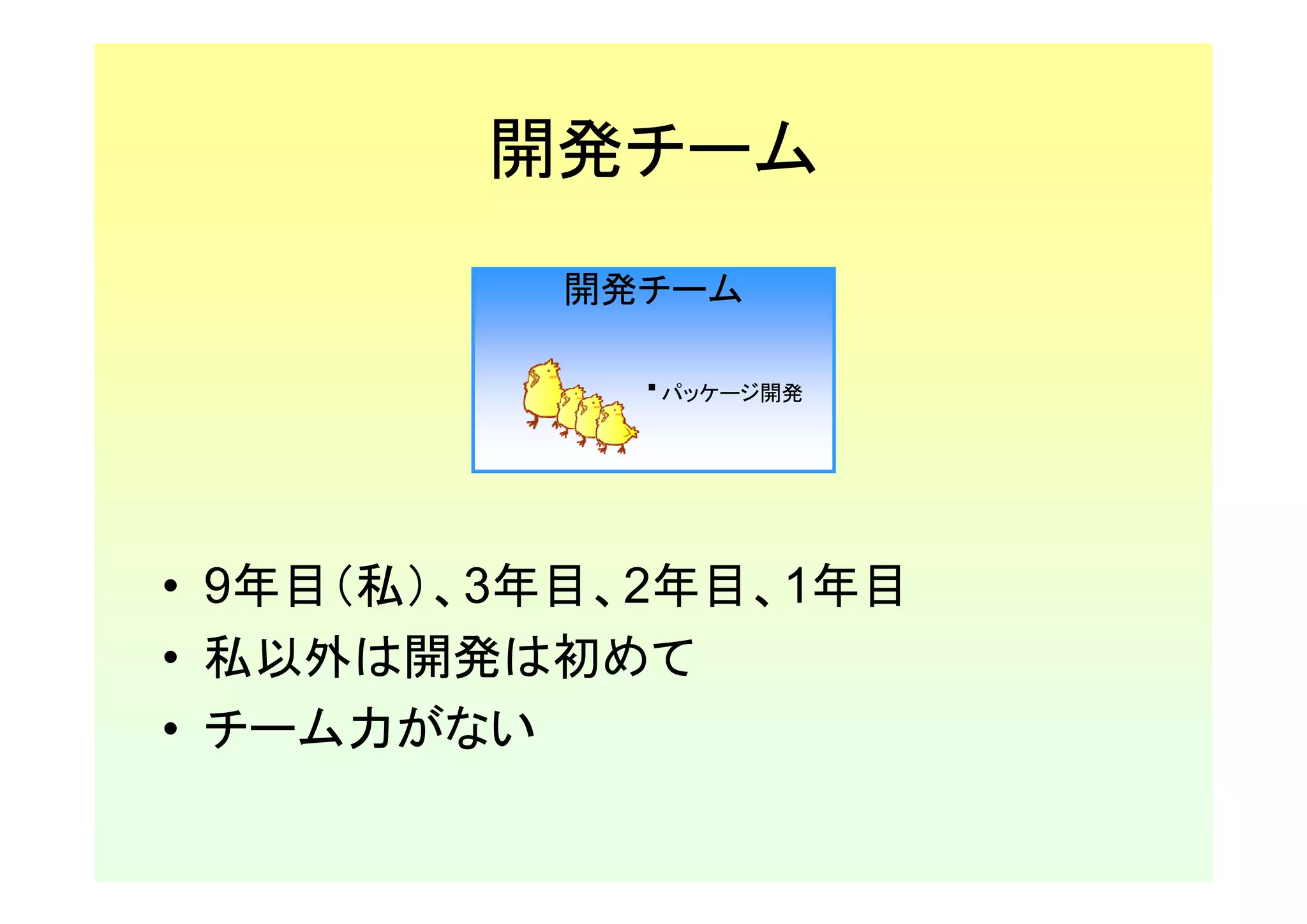 開発チーム
          開発チーム

            ・パッケージ開発




• 9年目（私）、3年目、2年目、1年目
• 私以外は開発は初めて
• チーム力がない
 