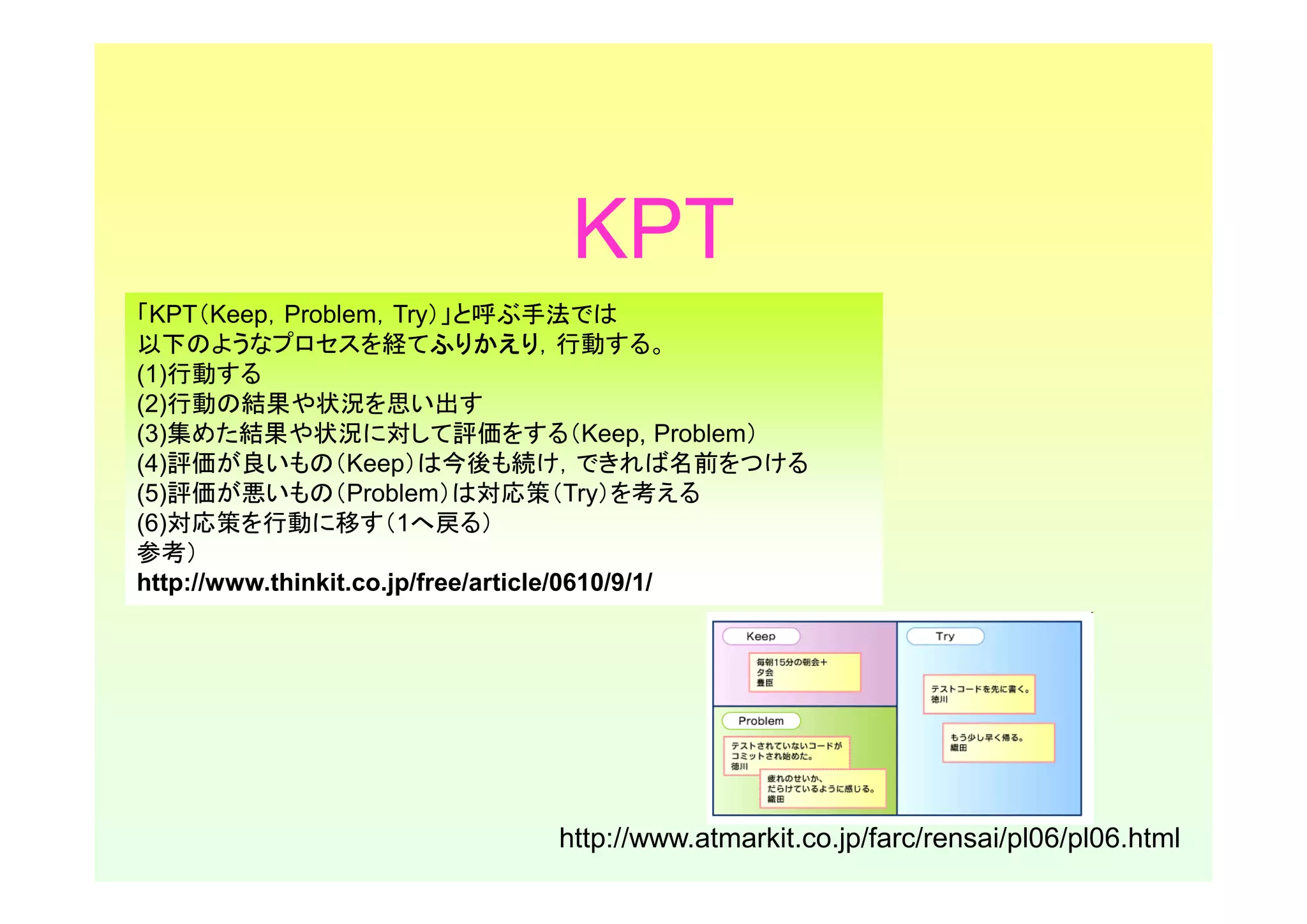 KPT
「KPT（Keep，Problem，Try）」と呼ぶ手法では
以下のようなプロセスを経てふりかえり        ふりかえり，行動する。
                          ふりかえり
(1)行動する
(2)行動の結果や状況を思い出す
(3)集めた結果や状況に対して評価をする（Keep, Problem）
(4)評価が良いもの（Keep）は今後も続け，できれば名前をつける
(5)評価が悪いもの（Problem）は対応策（Try）を考える
(6)対応策を行動に移す（1へ戻る）
参考）
http://www.thinkit.co.jp/free/article/0610/9/1/




                             http://www.atmarkit.co.jp/farc/rensai/pl06/pl06.html
 