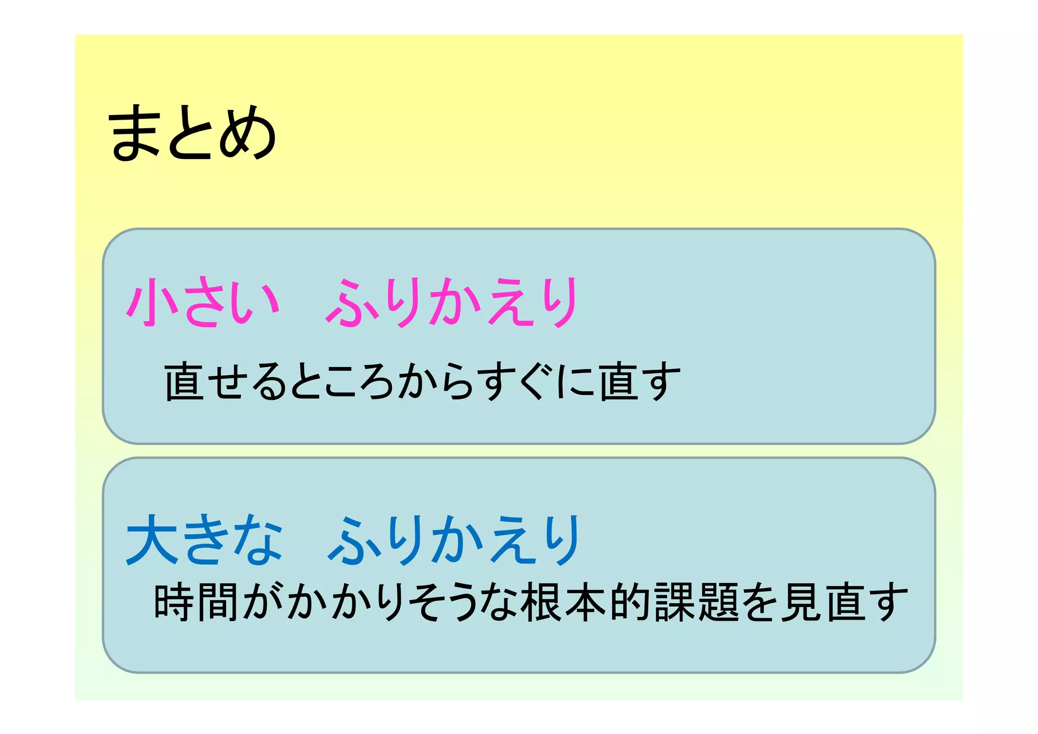 まとめ

小さい ふりかえり
直せるところからすぐに直す


大きな ふりかえり
時間がかかりそうな根本的課題を見直す
 