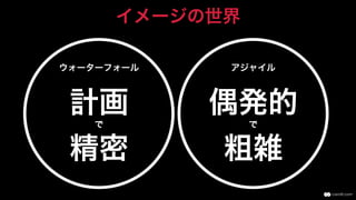 イメージの世界
ウォーターフォール
計画で
精密
アジャイル
偶発的で
粗雑
 