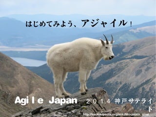 1
はじめてみよう、アジャイル！
Agile Japan ２０１４ 神戸サテライト
http://en.wikipedia.org/wiki/Mountain_goat
 