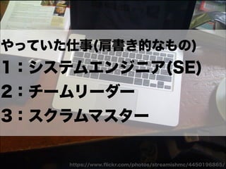 やっていた仕事(肩書き的なもの)
1：システムエンジニア(SE)
2：チームリーダー
3：スクラムマスター
https://www.ﬂickr.com/photos/streamishmc/4450196865/
 