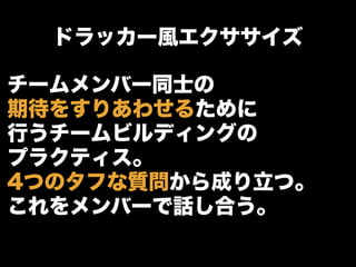 ドラッカー風エクササイズ
チームメンバー同士の
期待をすりあわせるために
行うチームビルディングの
プラクティス。
4つのタフな質問から成り立つ。
これをメンバーで話し合う。
 