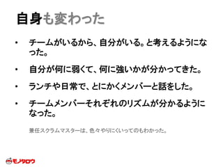 • チームがいるから、自分がいる。と考えるようにな
った。
• 自分が何に弱くて、何に強いかが分かってきた。
• ランチや日常で、とにかくメンバーと話をした。
• チームメンバーそれぞれのリズムが分かるように
なった。
兼任スクラムマスターは、色々やりにくいってのもわかった。
自身も変わった
 
