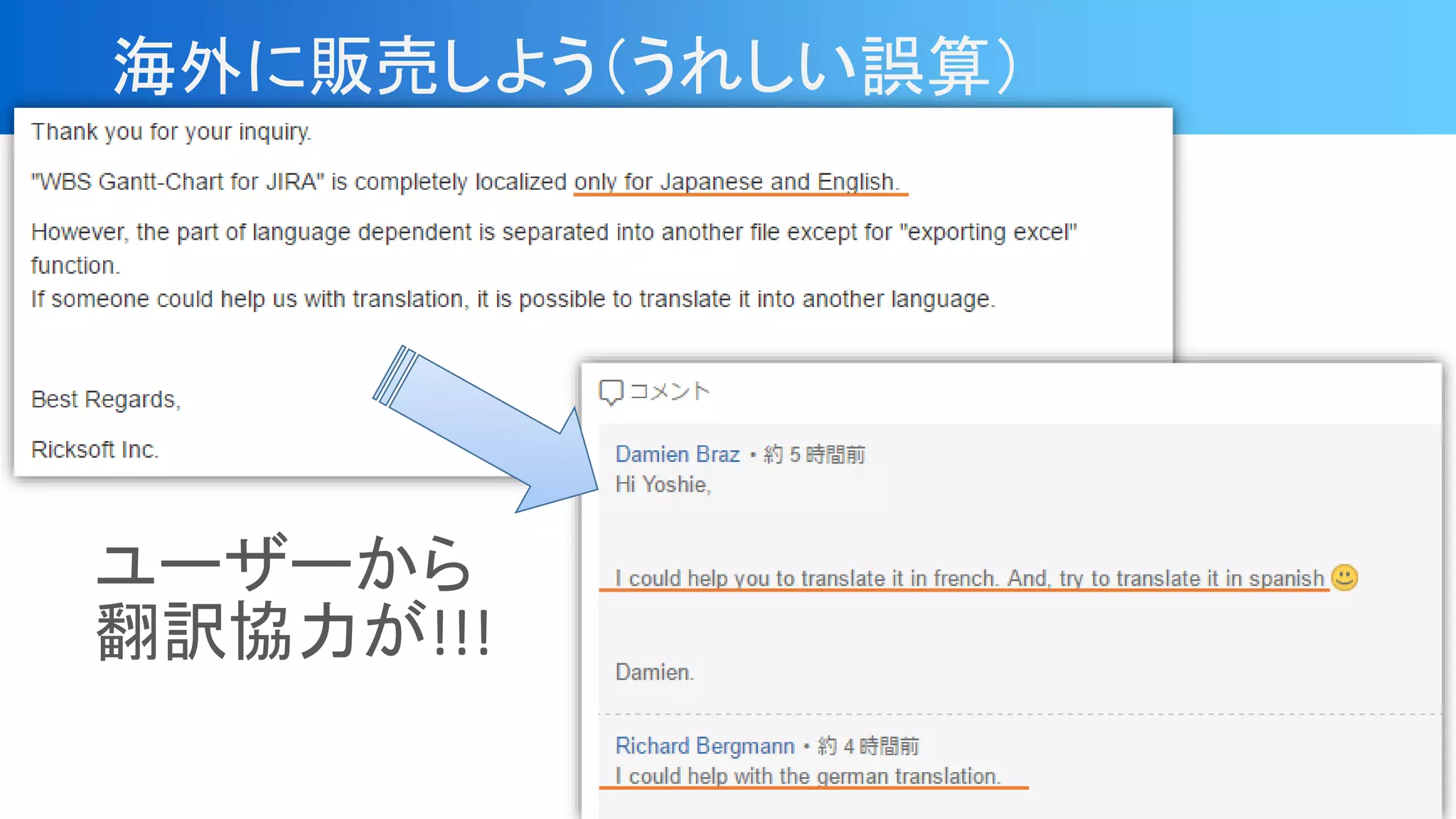 海外に販売しよう（うれしい誤算）
ユーザーから
翻訳協力が!!!
 