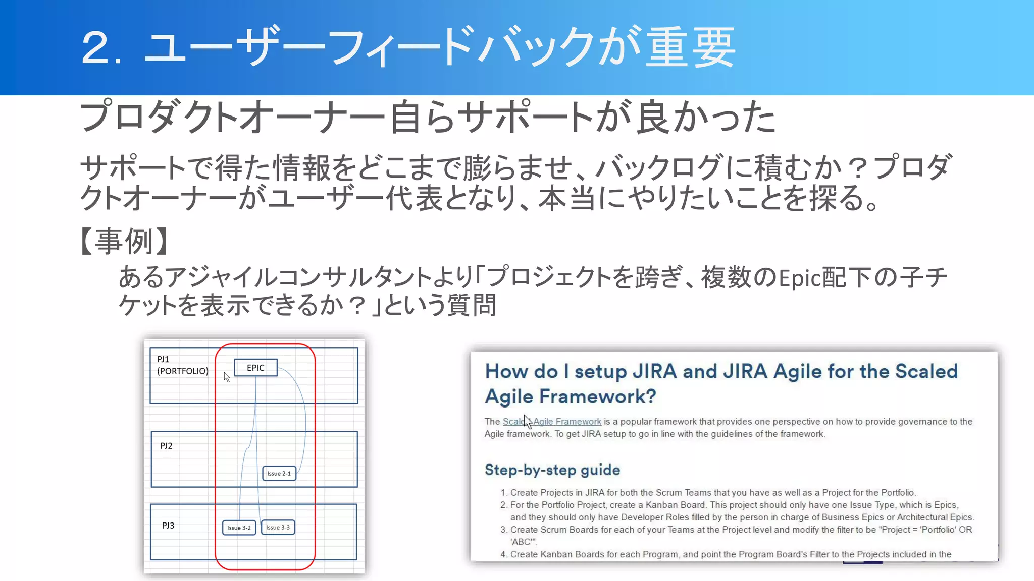 プロダクトオーナー自らサポートが良かった
サポートで得た情報をどこまで膨らませ、バックログに積むか？プロダ
クトオーナーがユーザー代表となり、本当にやりたいことを探る。
【事例】
あるアジャイルコンサルタントより「プロジェクトを跨ぎ、複数のEpic配下の子チ
ケットを表示できるか？」という質問
２．ユーザーフィードバックが重要
 