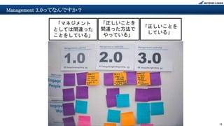 15
Management 3.0ってなんですか？
「マネジメント
としては間違った
ことをしている」
「正しいことを
間違った方法で
やっている」
「正しいことを
している」
 