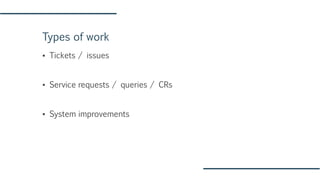 Types of work
▪ Tickets / issues
▪ Service requests / queries / CRs
▪ System improvements
 