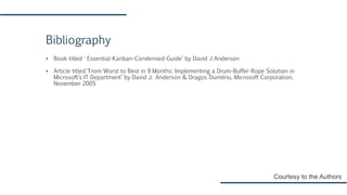 Bibliography
▪ Book titled ' Essential-Kanban-Condensed-Guide’ by David J Anderson
▪ Article titled ‘From Worst to Best in 9 Months: Implementing a Drum-Buffer-Rope Solution in
Microsoft’s IT Department’ by David J. Anderson & Dragos Dumitriu, Microsoft Corporation,
November 2005
Courtesy to the Authors
 