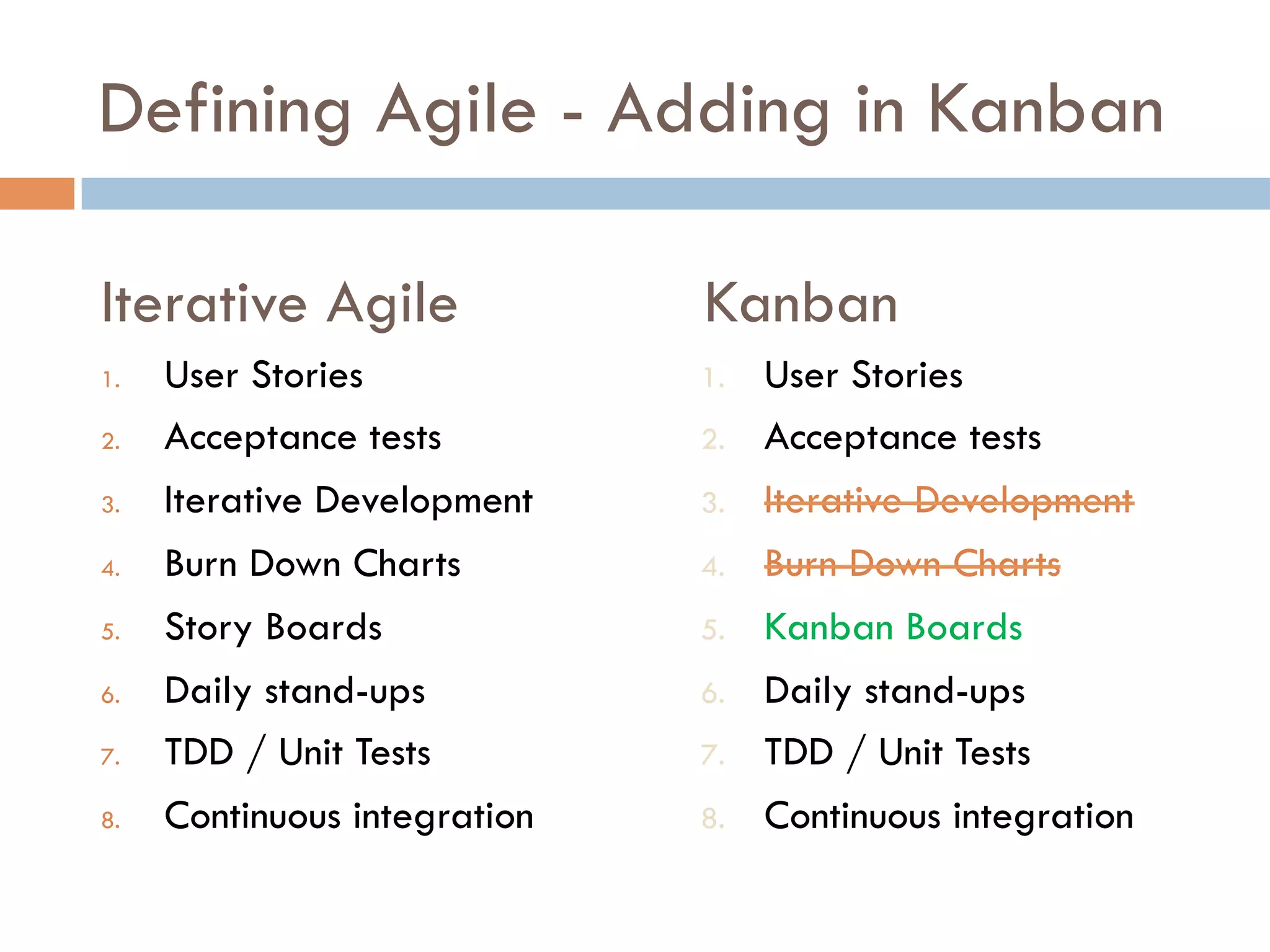 Defining Agile - Adding in Kanban

Iterative Agile                Kanban
1.    User Stories             1.    User Stories
2.    Acceptance tests         2.    Acceptance tests
3.    Iterative Development    3.    Iterative Development
4.    Burn Down Charts         4.    Burn Down Charts
5.    Story Boards             5.    Kanban Boards
6.    Daily stand-ups          6.    Daily stand-ups
7.    TDD / Unit Tests         7.    TDD / Unit Tests
8.    Continuous integration   8.    Continuous integration
 