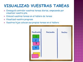    Conseguid controlar vuestras tareas diarias, empezando por
    visualizar vuestra pila.
   Colocad vuestras tareas en el tablero de tareas
   Visualizad vuestro progreso
   Vuestros hijos colocan sus propias tareas en el tablero
 