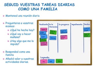    Mantened una reunión diaria

   Preguntaros a vosotros
    mismos:
      ¿Qué he hecho hoy?

      ¿Qué voy a hacer
       mañana?
      ¿Hay algo que me lo
       impida?

   Responded como una
    familia
   Añadid valor a vuestras
    actividades diarias.
 