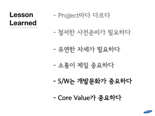 Lesson    - Project마다 다르다
Learned
          - 철저한 사젂준비가 필요하다

          - 유연한 자세가 필요하다

          - 소통이 제일 중요하다

          - S/W는 개발문화가 중요하다

          - Core Value가 중요하다
 