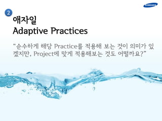 2
    애자일
    Adaptive Practices
    “순수하게 해당 Practice를 적용해 보는 것이 의미가 있
    겠지만, Project에 맞게 적용해보는 것도 어떨까요?”
 