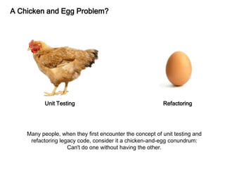 A Chicken and Egg Problem?
Many people, when they first encounter the concept of unit testing and
refactoring legacy code, consider it a chicken-and-egg conundrum:
Can't do one without having the other.
Unit Testing Refactoring
 