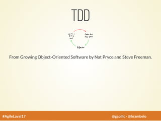 TDD
From Growing Object-Oriented Software by Nat Pryce and Steve Freeman.
#AgileLaval17 @gcollic - @hrambelo
 
